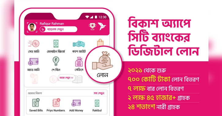 বিকাশ অ্যাপে সিটি ব্যাংক থেকে ৭০০ কোটি টাকার ডিজিটাল ঋণ বিতরণ